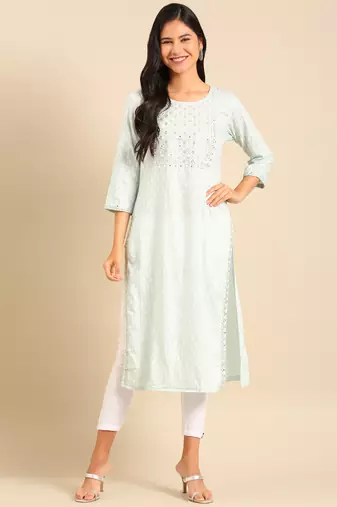 women's calf length round neck sea green geometric straight kurta
