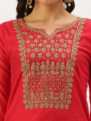 women's calf length round neck red embellished straight kurta 5