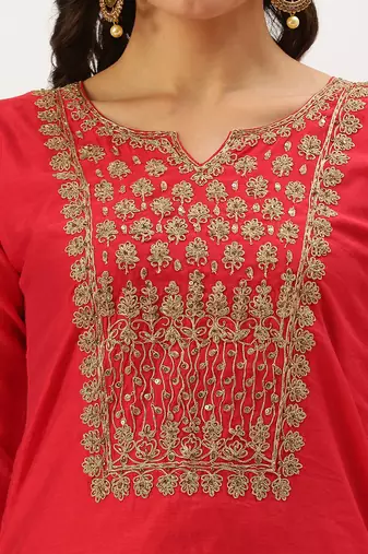 women's calf length round neck red embellished straight kurta