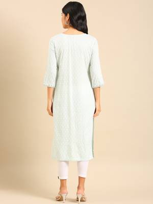 women's calf length round neck sea green geometric straight kurta 4