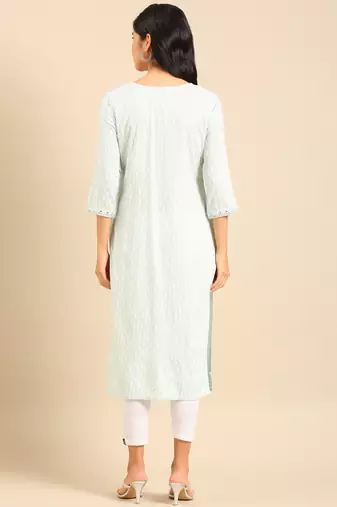 women's calf length round neck sea green geometric straight kurta