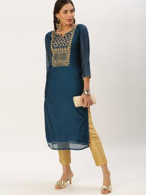 women's calf length round neck teal embellished straight kurta 1