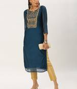 women's calf length round neck teal embellished straight kurta