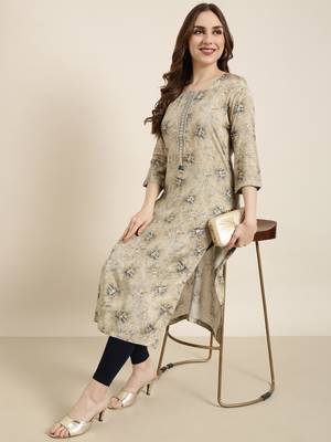 women's calf length round neck beige floral straight kurta 1