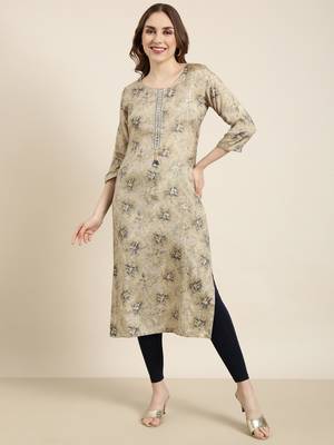 women's calf length round neck beige floral straight kurta 2