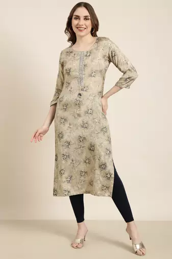 women's calf length round neck beige floral straight kurta