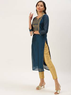 women's calf length round neck teal embellished straight kurta 2