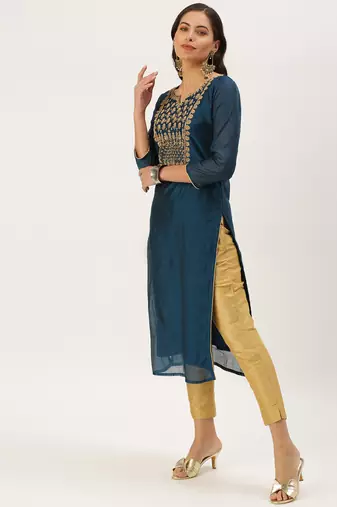 women's calf length round neck teal embellished straight kurta