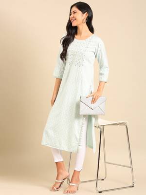 women's calf length round neck sea green geometric straight kurta 1