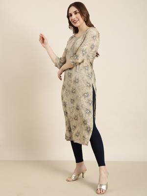 women's calf length round neck beige floral straight kurta 3