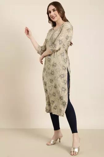 women's calf length round neck beige floral straight kurta