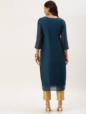 women's calf length round neck teal embellished straight kurta 3