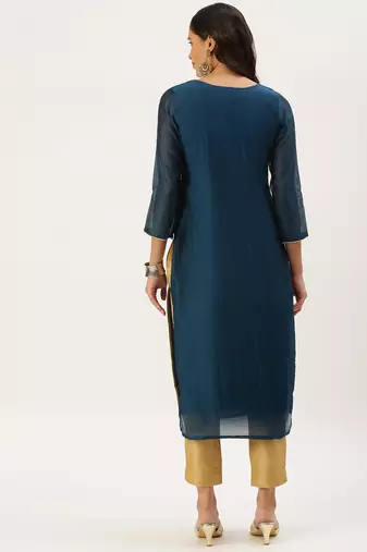 women's calf length round neck teal embellished straight kurta