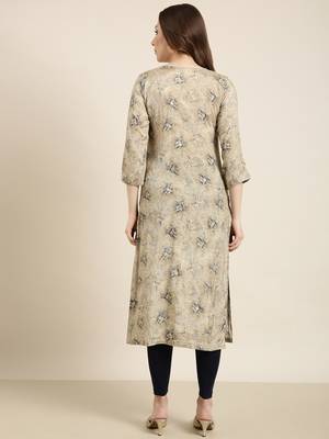 women's calf length round neck beige floral straight kurta 4