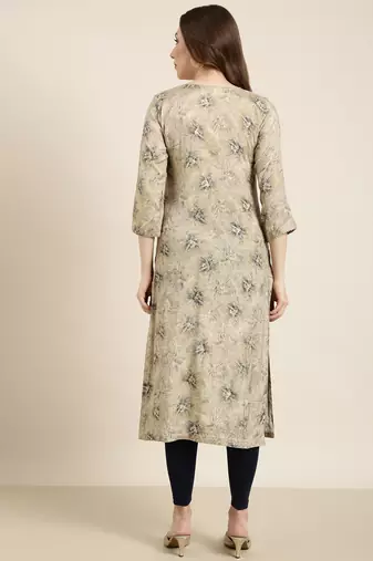 women's calf length round neck beige floral straight kurta
