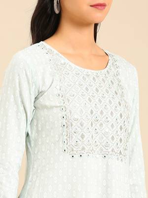 women's calf length round neck sea green geometric straight kurta 5