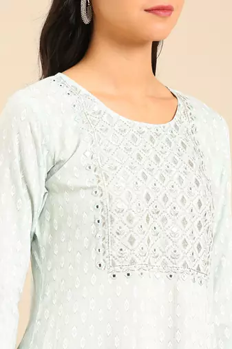 women's calf length round neck sea green geometric straight kurta