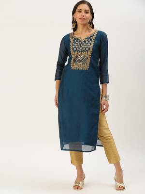 women's calf length round neck teal embellished straight kurta 4