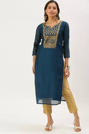 women's calf length round neck teal embellished straight kurta