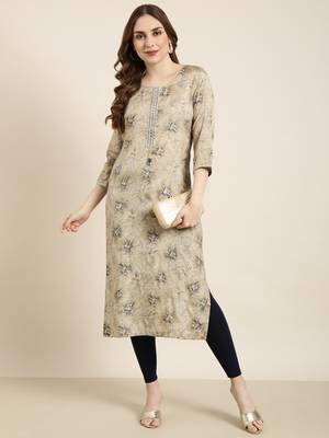 women's calf length round neck beige floral straight kurta 5