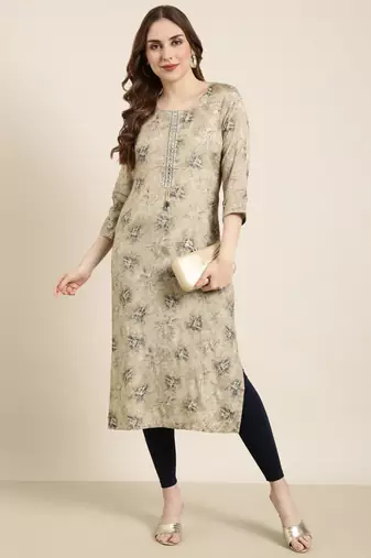 women's calf length round neck beige floral straight kurta
