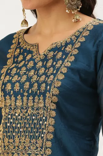 women's calf length round neck teal embellished straight kurta