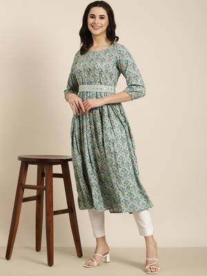 women's calf length round neck sea green geometric anarkali kurta 1