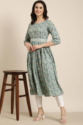 women's calf length round neck sea green geometric anarkali kurta