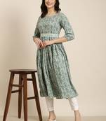 women's calf length round neck sea green geometric anarkali kurta