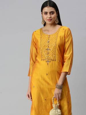 women's calf length round neck mustard ethnic motifs straight kurta 1