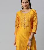 women's calf length round neck mustard ethnic motifs straight kurta