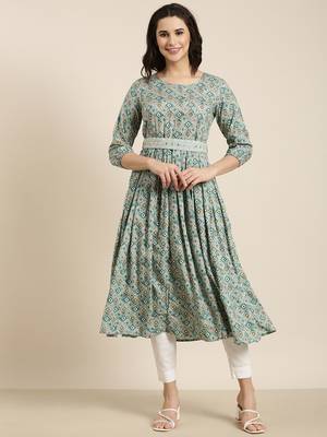 women's calf length round neck sea green geometric anarkali kurta 2