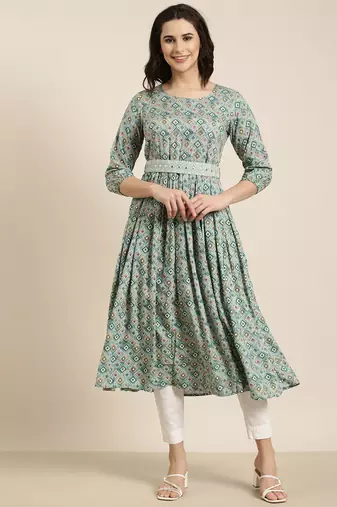 women's calf length round neck sea green geometric anarkali kurta