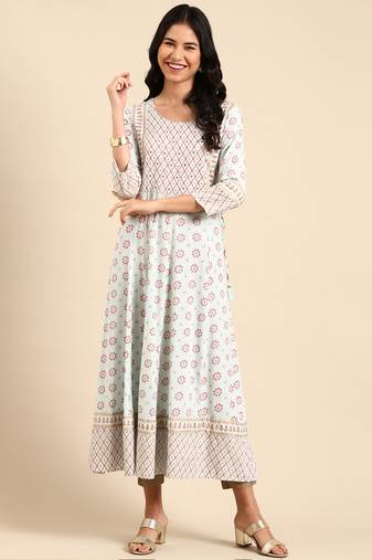women's ankle length round neck blue ethnic motifs anarkali kurta