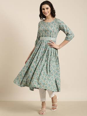 women's calf length round neck sea green geometric anarkali kurta 3
