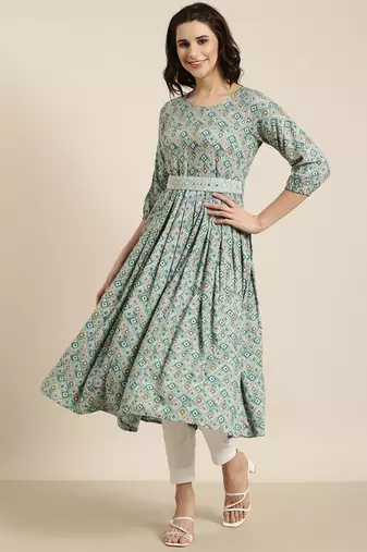 women's calf length round neck sea green geometric anarkali kurta