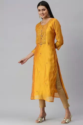 women's calf length round neck mustard ethnic motifs straight kurta