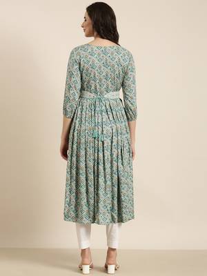 women's calf length round neck sea green geometric anarkali kurta 4