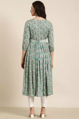 women's calf length round neck sea green geometric anarkali kurta