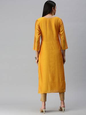 women's calf length round neck mustard ethnic motifs straight kurta 3