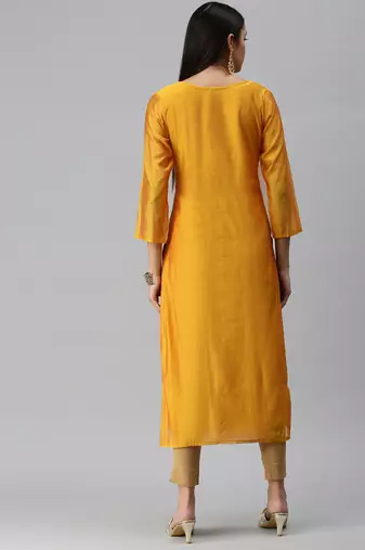 women's calf length round neck mustard ethnic motifs straight kurta