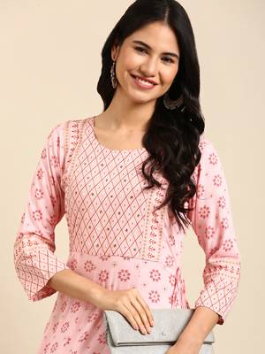 women's ankle length round neck pink embellished anarkali kurta 2