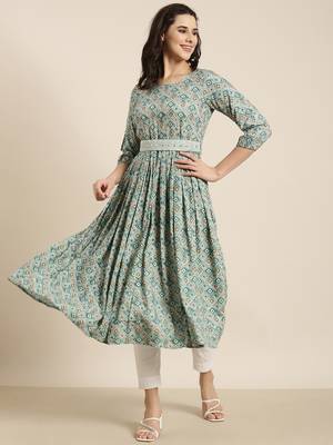 women's calf length round neck sea green geometric anarkali kurta 5