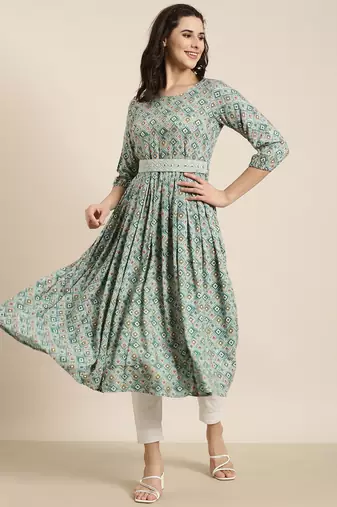 women's calf length round neck sea green geometric anarkali kurta