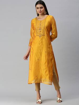 women's calf length round neck mustard ethnic motifs straight kurta 4