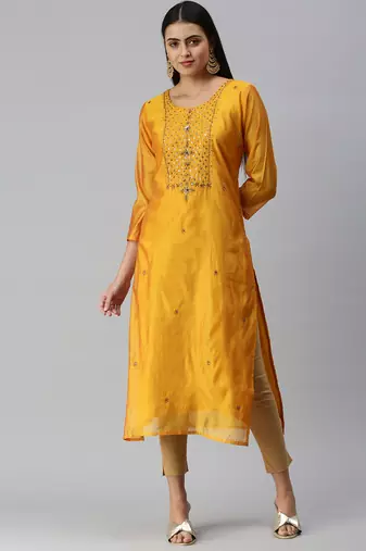 women's calf length round neck mustard ethnic motifs straight kurta