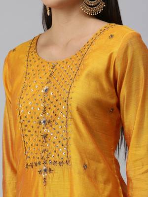 women's calf length round neck mustard ethnic motifs straight kurta 5