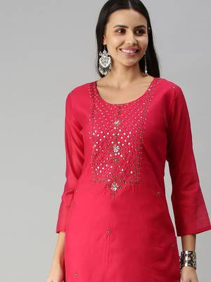 women's calf length round neck pink ethnic motifs straight kurta 1
