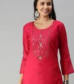 women's calf length round neck pink ethnic motifs straight kurta
