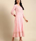 women's ankle length round neck pink embellished anarkali kurta